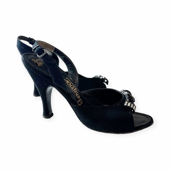 Vintage Herbert Levine Black Suede Rhinestone Bow Slingback Heels 1940-50s Sz 6M - Picture 16 of 16